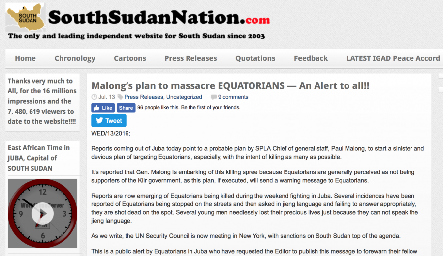 SouthSudanNation.com is one of the websites researchers say has spread alarming, unverified information. SouthSudanNation.com is one of the websites researchers say has spread alarming, unverified information.